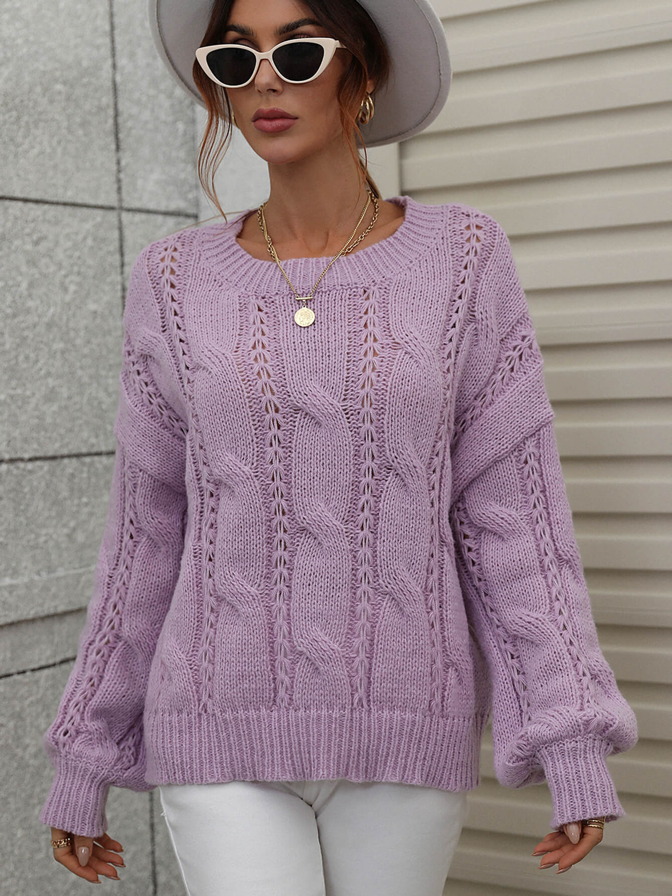 Dim Gray One On One Cable-Knit Openwork Round Neck Sweater