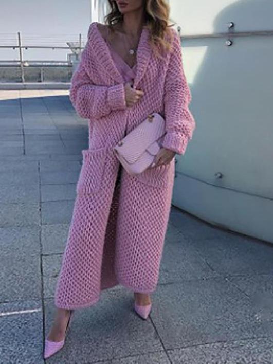 Coats Lapel Pocket Solid Long Knitted Coat - LuckyFash™