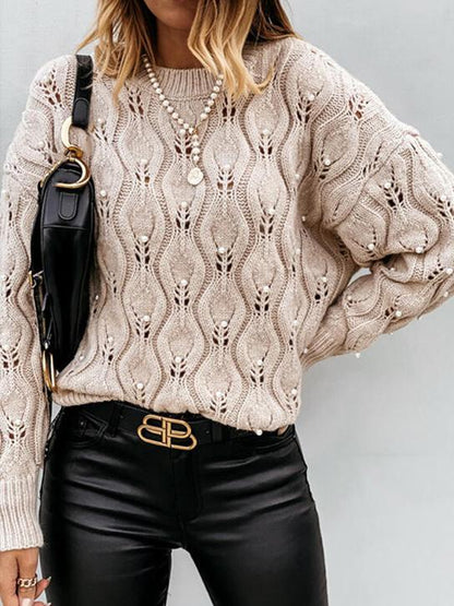 Women's Sweaters Round Neck Bead Hollow Knitted Sweater - Cardigans & Sweaters - INS | Online Fashion Free Shipping Clothing, Dresses, Tops, Shoes - 03/11/2021 - 40-50 - Cardigans & Sweaters